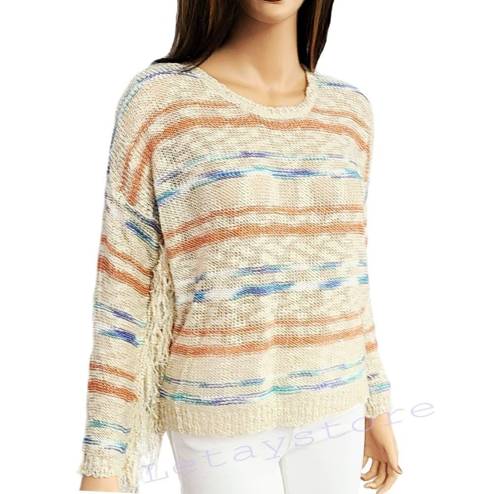 NWT Morning Apple Lightweight Knit Striped Metallic Thread Fringe Trim  Sweater